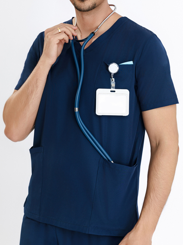 Férfi rövid ujjú munkaruha orvosi/laboratóriumi használatra, lélegző kémiai rost keverékből, 95% poliészter, 2024 nyár