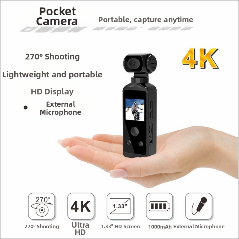 4K športová kapesná kamera s otočným 270° objektívom, kompaktný prenosný dizajn, 1,3" HD IPS displej, podpora až 256 GB úložiska, batéria cca 1,5 hodiny