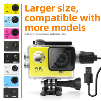 SJ4000 Type B vodotesný kryt pre akčnú kameru — bočné nabíjanie a nahrávanie, ABS materiál, balenie obsahuje Type B kryt + základňa + dátový kábel