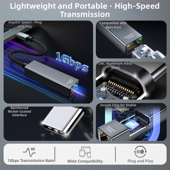 Adaptor USB-C către RJ45 Gigabit DK03 – USB 3.0, 10/100/1000 Mbps, indicator LED, compatibil Windows 11/10/8.1/8, macOS, iOS, Android