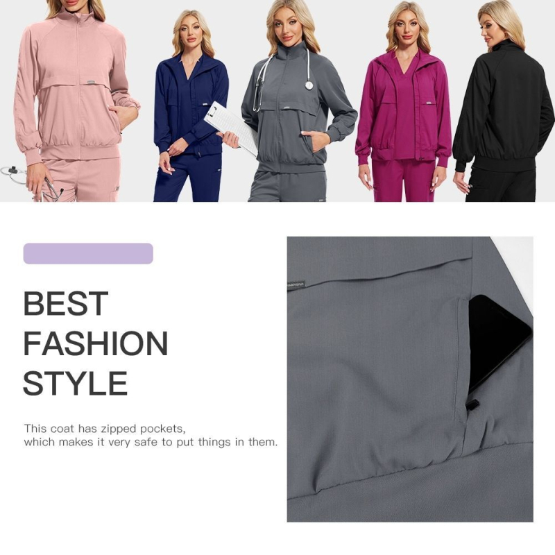 Унисекс униформа за медицински сестри – яке от chenille плат със спандексова материя, ¾ ръкави, пухена яка, антирадиационна