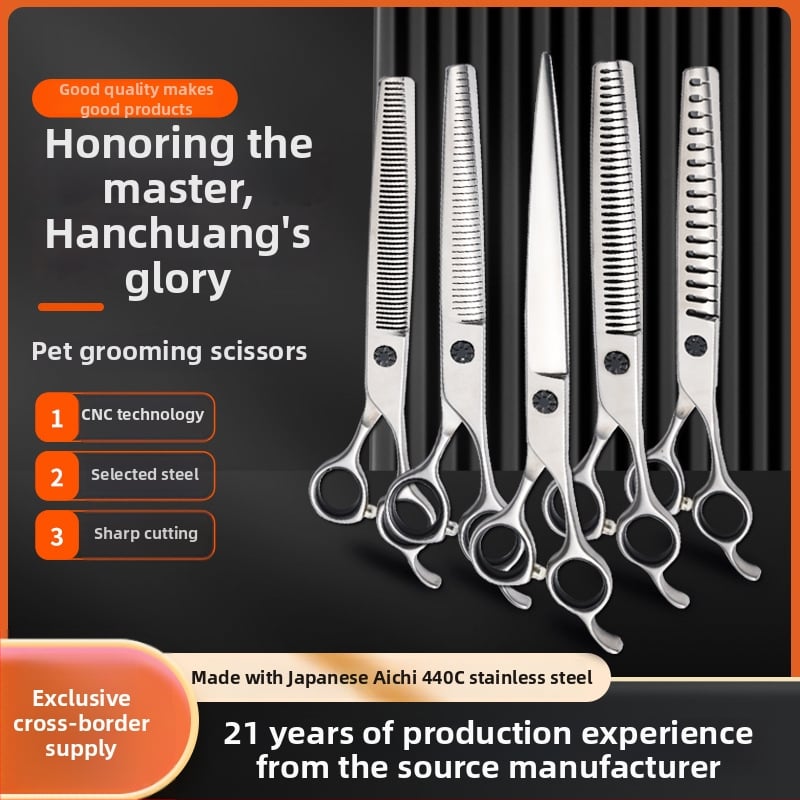 Hanchuang set de foarfece pentru animale de companie din oțel inoxidabil 440C, vârf curbat, lamă zimțată