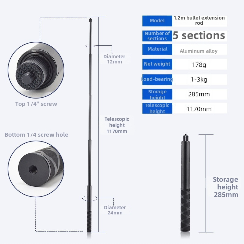 Baston selfie extensibil pentru Insta360 ONE R / X2 / EVO, mâner din aliaj de aluminiu, priză din burete și curea de încheietură; sarcină maximă 2–5 kg