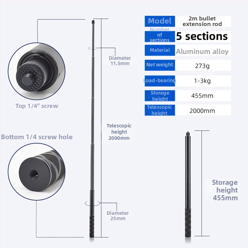 Baston selfie extensibil pentru Insta360 ONE R / X2 / EVO, mâner din aliaj de aluminiu, priză din burete și curea de încheietură; sarcină maximă 2–5 kg
