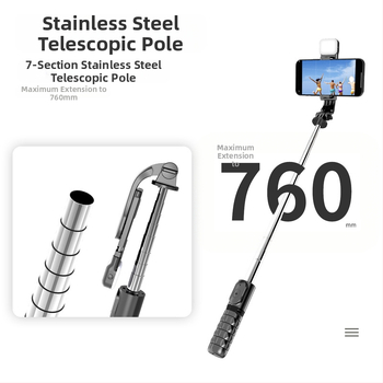 Mini Bluetooth selfie tyč s trojnohým stolným stojanom a LED osvetlením – ABS + nehrdzavejúca oceľ, diaľkové ovládanie, stolný stojan, univerzálna kompatibilita