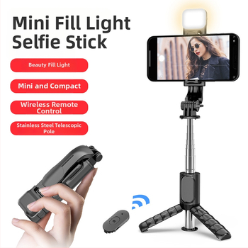 Mini Bluetooth selfie tyč s trojnohým stolným stojanom a LED osvetlením – ABS + nehrdzavejúca oceľ, diaľkové ovládanie, stolný stojan, univerzálna kompatibilita