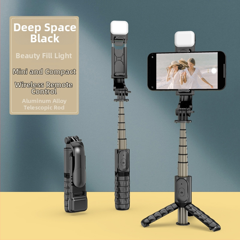 Mini Bluetooth selfie tyč s trojnohým stolným stojanom a LED osvetlením – ABS + nehrdzavejúca oceľ, diaľkové ovládanie, stolný stojan, univerzálna kompatibilita