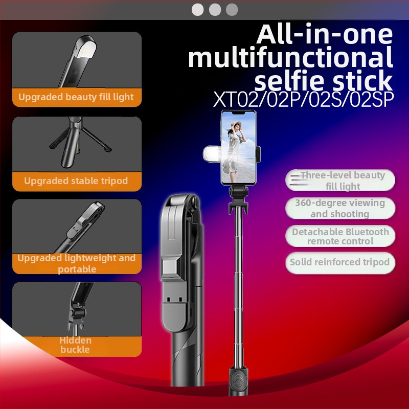 XT02 Bluetooth selfie tyč pre mobily, s integrovaným živým vysielaním a fotografovaním, univerzálna kompatibilita, diaľkové ovládanie, podsvietenie