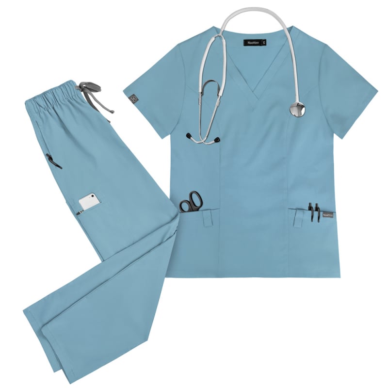 Unisex medicinski radni komplet za bolnice, kratkih rukava, V-dekolte, materijal poliester-elastan koji odvodi vlagu
