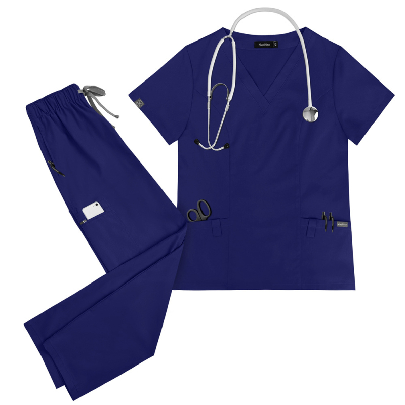 Unisex medicinski radni komplet za bolnice, kratkih rukava, V-dekolte, materijal poliester-elastan koji odvodi vlagu