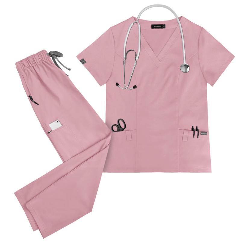 Unisex medicinski radni komplet za bolnice, kratkih rukava, V-dekolte, materijal poliester-elastan koji odvodi vlagu