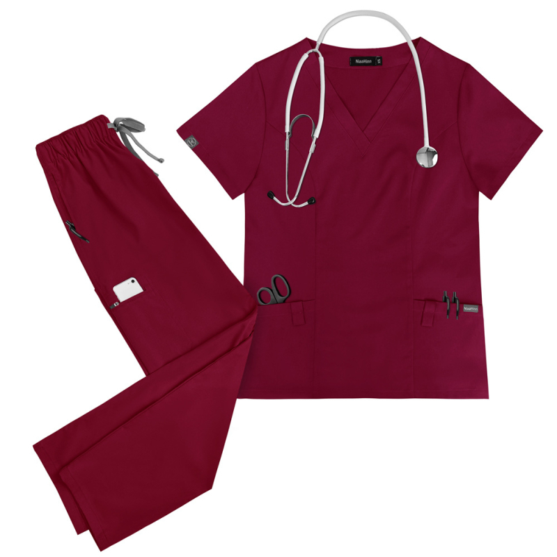 Unisex medicinski radni komplet za bolnice, kratkih rukava, V-dekolte, materijal poliester-elastan koji odvodi vlagu