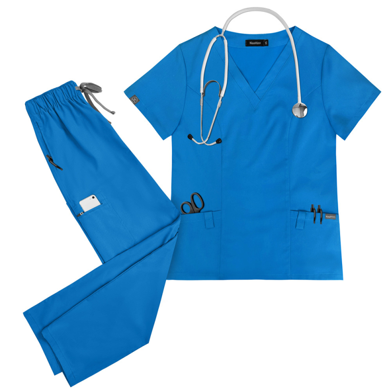 Unisex medicinski radni komplet za bolnice, kratkih rukava, V-dekolte, materijal poliester-elastan koji odvodi vlagu