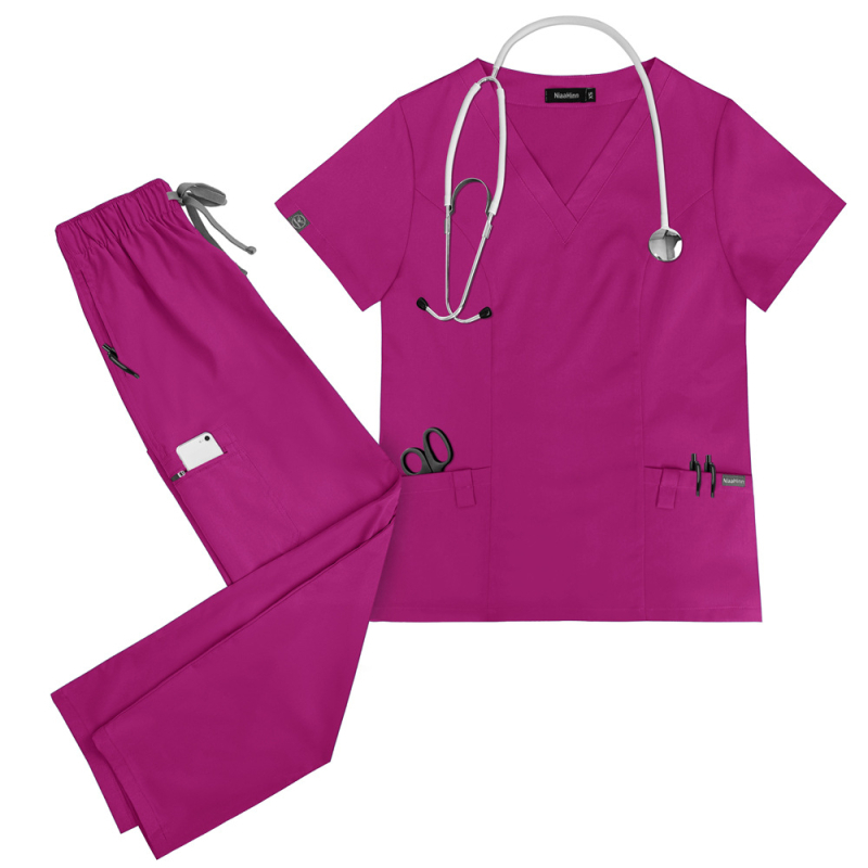 Unisex medicinski radni komplet za bolnice, kratkih rukava, V-dekolte, materijal poliester-elastan koji odvodi vlagu
