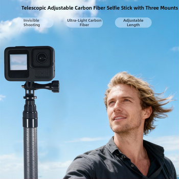 Monopod selfie din carbon cu 7 secțiuni, montaj 1/4 inch și interfețe duale, compatibil cu camere de acțiune și telefoane, sarcină maximă 2 kg