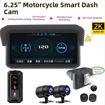 Mt9a Dviračio dviejų kamerų dash cam su CarPlay, padangos slėgio stebėjimas ir aklųjų zonų aptikimas, 150° matymo kampas, 5MP, microSD iki 64GB, 12V
