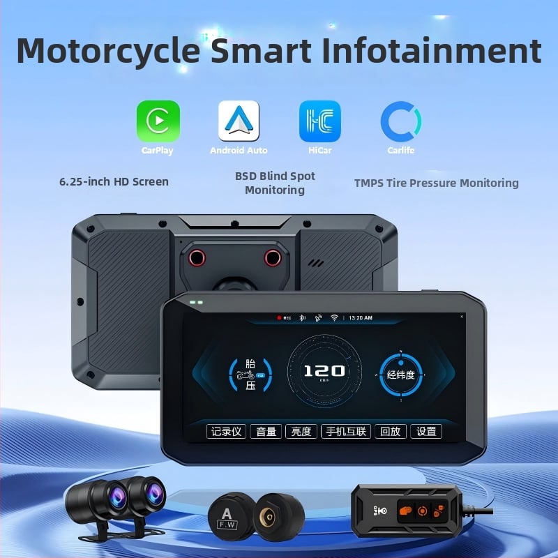 Mt9a Dviračio dviejų kamerų dash cam su CarPlay, padangos slėgio stebėjimas ir aklųjų zonų aptikimas, 150° matymo kampas, 5MP, microSD iki 64GB, 12V