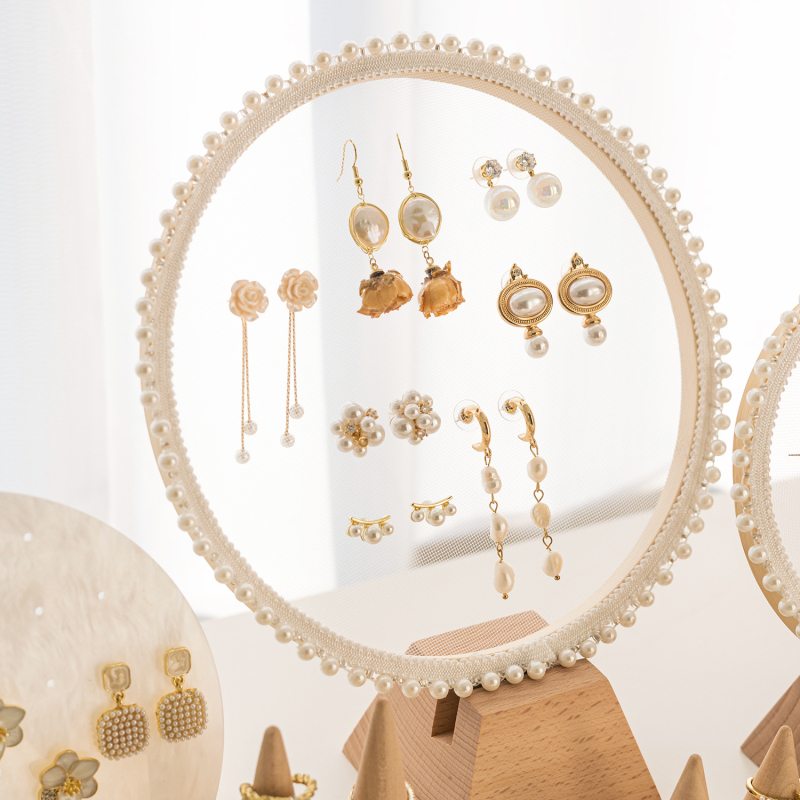 Стойка за обици от бамбук, кръгъл дизайн, едно ниво, скандинавски стил, ръчна изработка