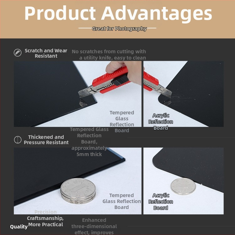 Temperēta stikla fona panelis ar reflektoru, 5 mm biezums, svars 5,3 kg, piemērots preču fotografēšanai