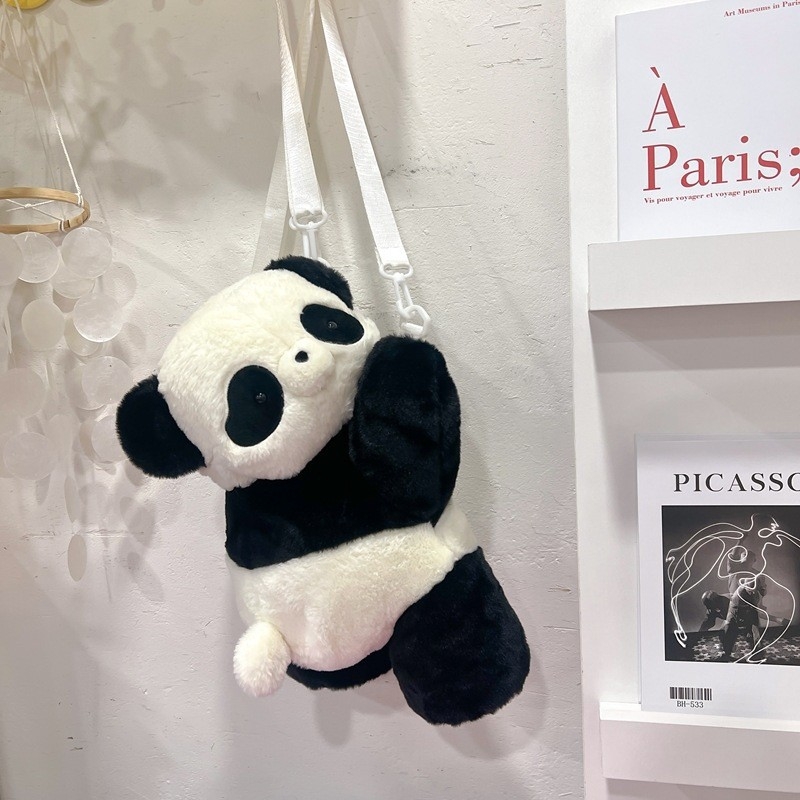 Pliš panda torba preko ramena – okrugli oblik, zatvarač, najlonska podstava, svjež i sladak stil