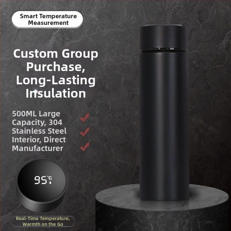 Termos pohár 304 rozsdamentes acél belső tartállyal, külső 201 rozsdamentes acél, szigetelés 6–12 óra, teavíz elválasztás, intelligens vezérlés hőmérséklet-méréssel