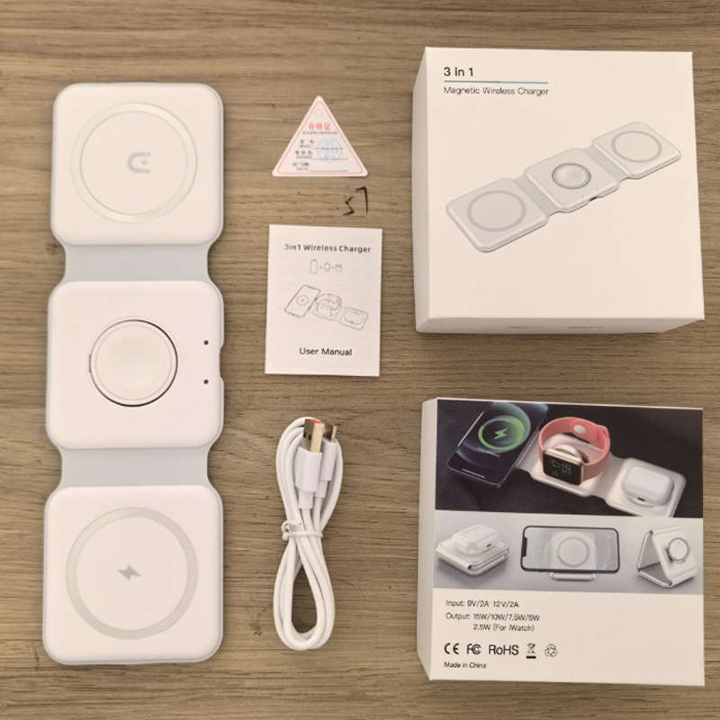 3-u-1 sklopivi magnetski bežični punjač za Apple iPhone, AirPods i Apple Watch – QC 3.0 brzo punjenje, izlaz 15W, ukupna snaga 22,5W