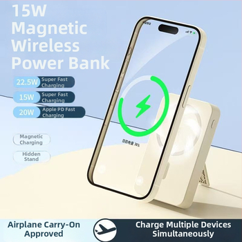 Magnetinis belaidis įkrovimo powerbankas, 10 000 mAh, 22,5 W PD2.0, su kabeliu ir nešiojamu stovu