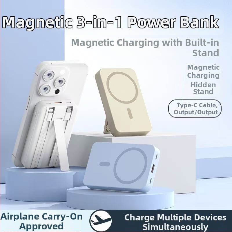 Magnetinis belaidis įkrovimo powerbankas, 10 000 mAh, 22,5 W PD2.0, su kabeliu ir nešiojamu stovu