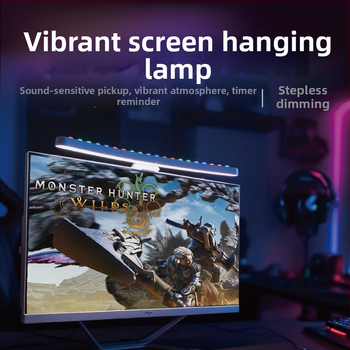 Monitoram uzkarināma LED lampiņa ar balsu vadību un sinhronizētu ritmisku apgaismojumu (USB barošana; viedā balss un lietotnes vadība; ambientā gaismas režīms; krāsu temperatūras un spilgtuma regulēšana; bezvadu uzlādes modulis)