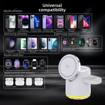 Qi2 magnetický 3-v-1 skladací bezdrôtový nabíjač pre Apple iPhone 15 — Celkový výkon 23W; 15W pre telefón, 5W pre slúchadlá, 3W pre hodinky