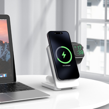 Qi2 πιστοποιημένος μαγνητικός ασύρματος φορτιστής, μέγ. 15W, 3-σε-1 αναδιπλούμενο, σώμα από κράμα αλουμινίου με υγρή σιλικόνη