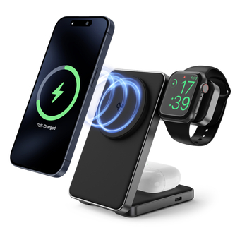 Qi2 πιστοποιημένος μαγνητικός ασύρματος φορτιστής, μέγ. 15W, 3-σε-1 αναδιπλούμενο, σώμα από κράμα αλουμινίου με υγρή σιλικόνη