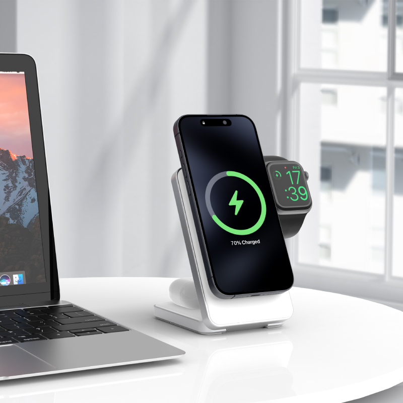 Qi2 πιστοποιημένος μαγνητικός ασύρματος φορτιστής, μέγ. 15W, 3-σε-1 αναδιπλούμενο, σώμα από κράμα αλουμινίου με υγρή σιλικόνη