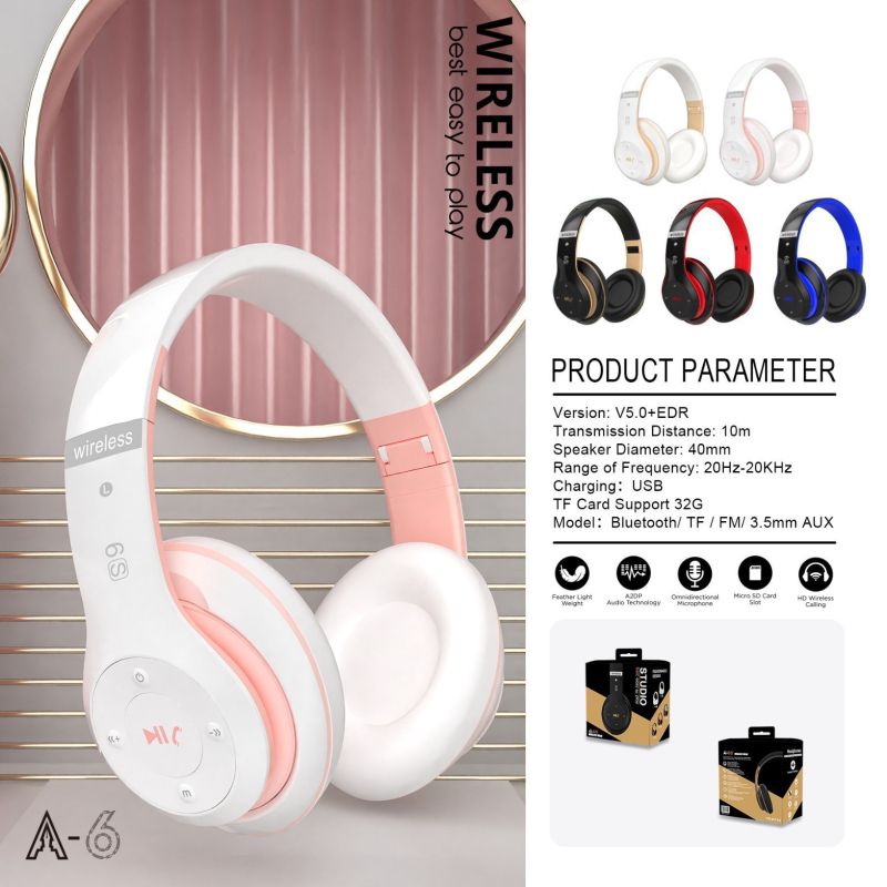 A6S headset Bluetooth pentru cap, stereo wireless, rază 10 m, BT 4.1, control vocal, apeluri, baterie 4–8 h, stil sport