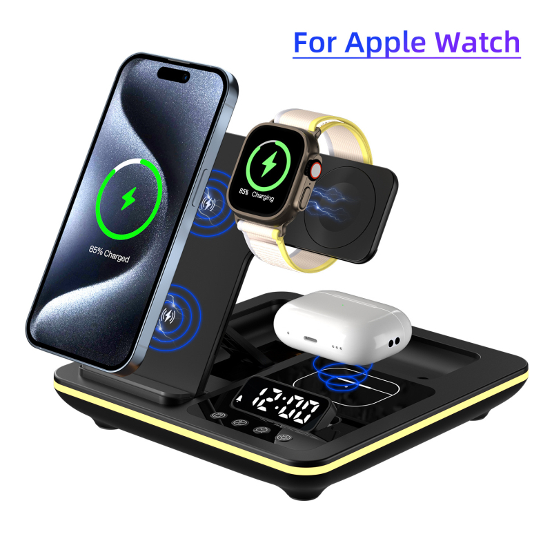 3-σε-1 αναδιπλούμενος ασύρματος φορτιστής με βάση γραφείου και ψηφιακό ρολόι – συνολική ισχύς 25W; 15W για το κινητό, 5W για ακουστικά, 3W για το ρολόι; QC4.0 γρήγορη φόρτιση; μαγνητική φόρτιση