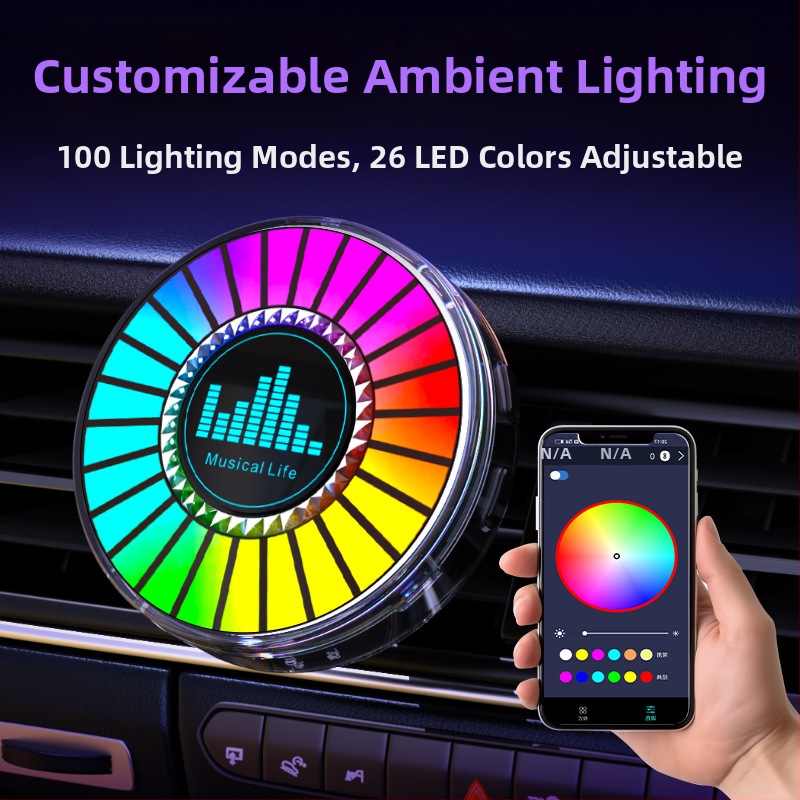 RGB LED lampiņa auto ventilācijai ar 3D atmosfēras apgaismojumu, balss vadību un aromaterapiju