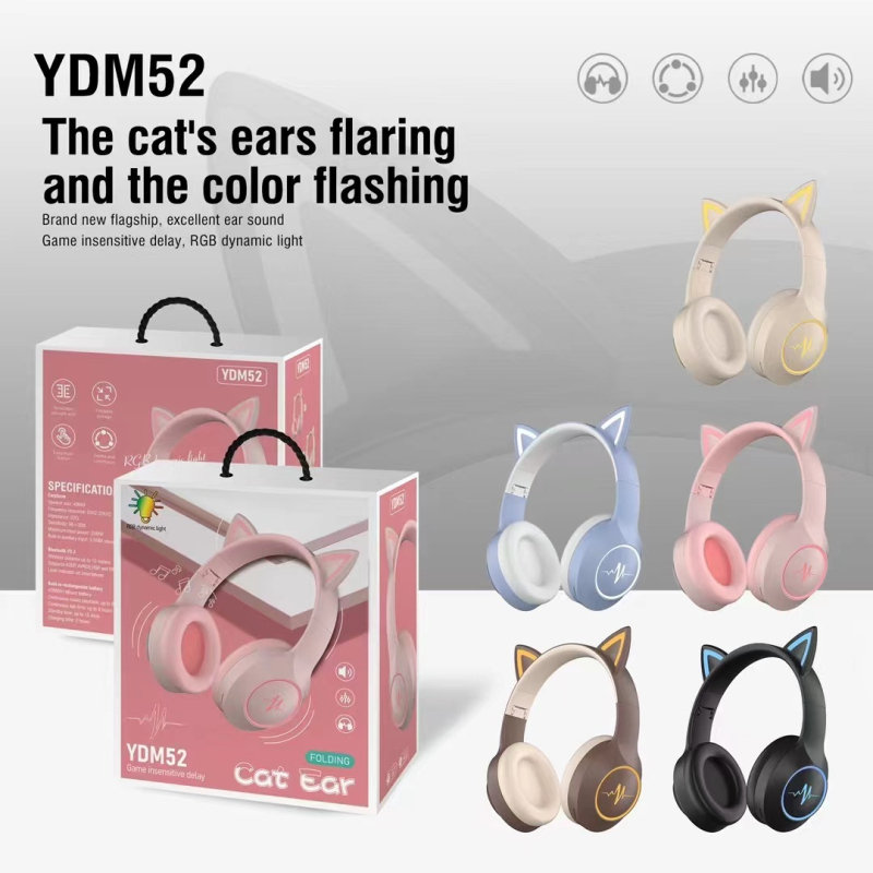 Ασύρματα ακουστικά με αυτιά γάτας για παιδιά — αναδιπλόμενα, φωτιζόμενα LED, over-ear, Bluetooth 5.1, εμβέλεια 10 μ, μπαταρία 4–8 h