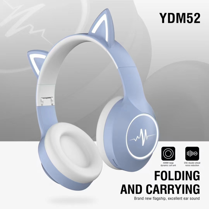 Ασύρματα ακουστικά με αυτιά γάτας για παιδιά — αναδιπλόμενα, φωτιζόμενα LED, over-ear, Bluetooth 5.1, εμβέλεια 10 μ, μπαταρία 4–8 h