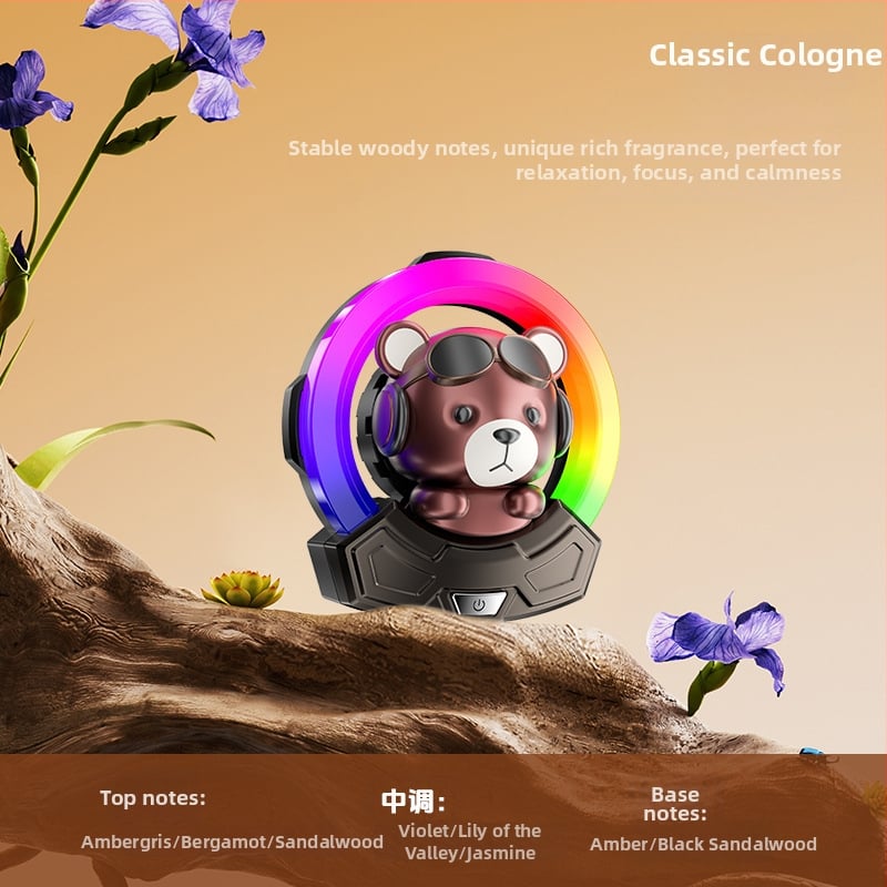 Carlox automobiļu aromatizētājs ar gaisa padeves klipu un atmosfēras gaismu – ziedu aromāts, Ambergris; 10–20 ml; iztvaikošanas laiks 61–90 dienas; derīguma termiņš 5 gadi