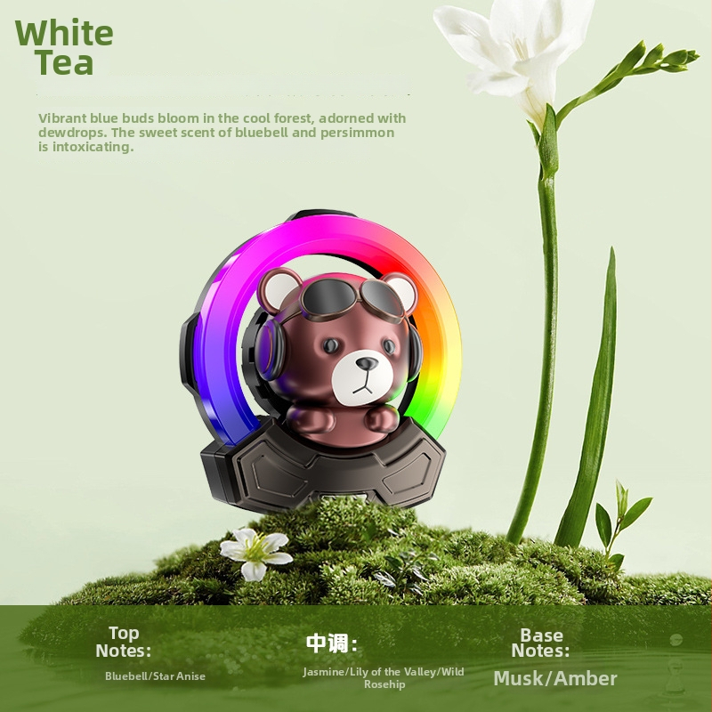 Carlox automobiļu aromatizētājs ar gaisa padeves klipu un atmosfēras gaismu – ziedu aromāts, Ambergris; 10–20 ml; iztvaikošanas laiks 61–90 dienas; derīguma termiņš 5 gadi