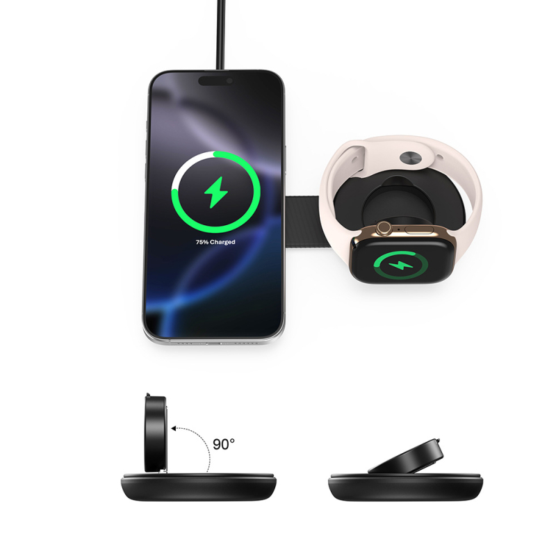 2-u-1 magnetsko bežično punjač s držačem, sklopiv, Qi2.2 certificiran, 25W za telefon / 5W za sat
