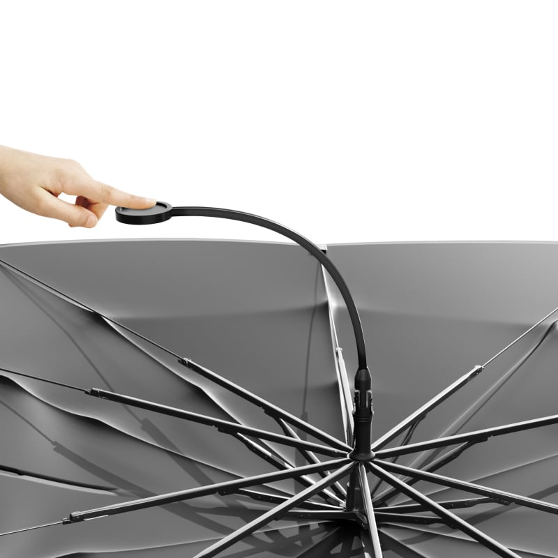 Автомобилен слънцезащитен щора за предното стъкло с извити пръти, вътрешен монтаж; Материал: Titanium Silver Bumping Cloth; Печат на лого: Да; Персонализация: Да; Приложими части: Предна част