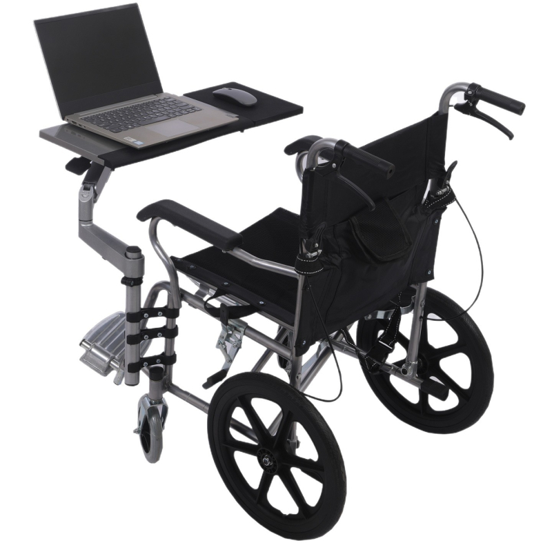 Стойка за лаптоп за инвалидна количка с едно натискане за повдигане, ергономична клавиатура и мишка, телескопична подставка