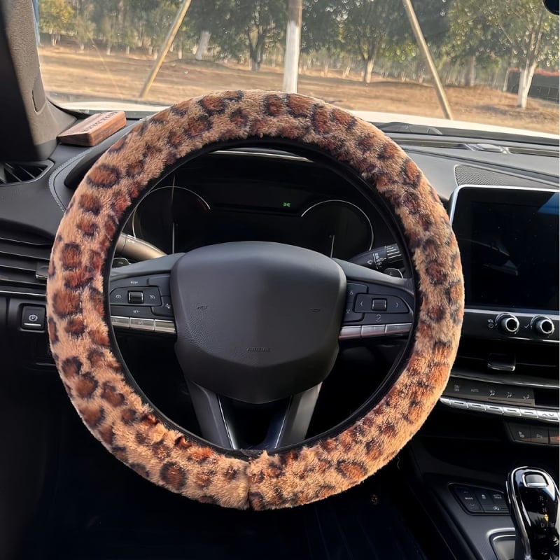 Κάλυμμα τιμονιού αυτοκινήτου με λεοπάρ σχέδιο, παχύ για τον χειμώνα, αντιολισθητικό, ζεστό, από τεχνητή γούνα, κατάλληλο για όλα τα μοντέλα