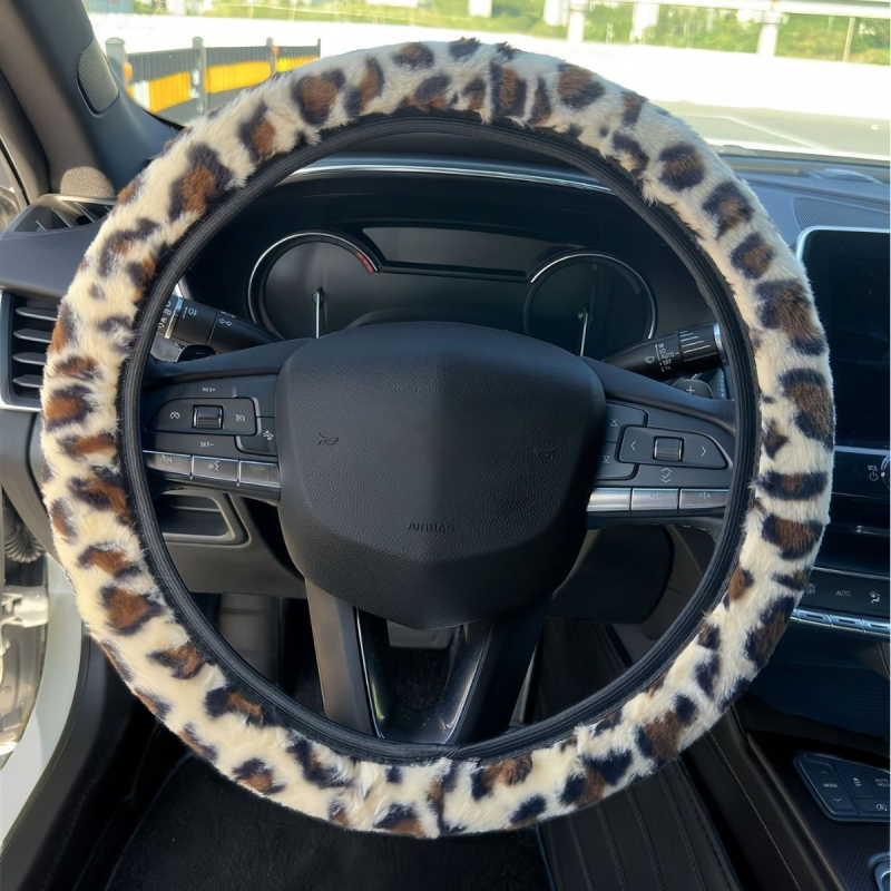 Κάλυμμα τιμονιού αυτοκινήτου με λεοπάρ σχέδιο, παχύ για τον χειμώνα, αντιολισθητικό, ζεστό, από τεχνητή γούνα, κατάλληλο για όλα τα μοντέλα