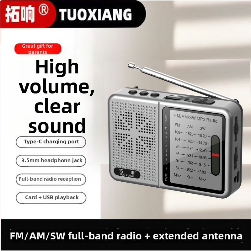Tuoxiang T-6675 Pārvietojams pilnas diapazona radiostacija ar kartes slotu, īsviļņu uztvere, MP3 atskaņošana, uzlādējama 1200mAh akumulatora