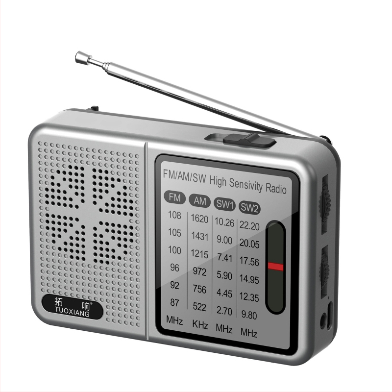 Tuoxiang T-6675 Pārvietojams pilnas diapazona radiostacija ar kartes slotu, īsviļņu uztvere, MP3 atskaņošana, uzlādējama 1200mAh akumulatora