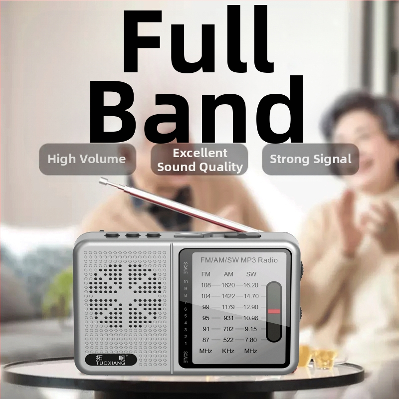 Tuoxiang T-6675 Pārvietojams pilnas diapazona radiostacija ar kartes slotu, īsviļņu uztvere, MP3 atskaņošana, uzlādējama 1200mAh akumulatora