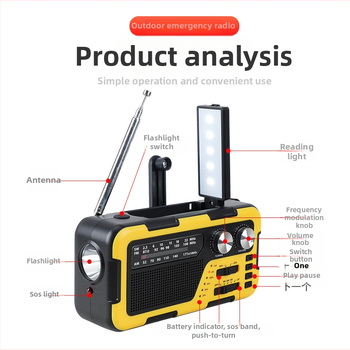 Rokasgriezējamais radio ārējiem ārkārtas gadījumiem ar SOS, saules uzlādi un Bluetooth skaļruni; iebūvēts LED lukturis, MP3 atbalsts un USB interfeiss; 2000 mAh akumulators