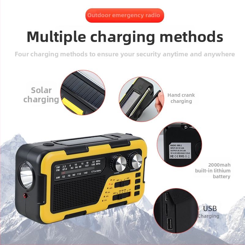Rokasgriezējamais radio ārējiem ārkārtas gadījumiem ar SOS, saules uzlādi un Bluetooth skaļruni; iebūvēts LED lukturis, MP3 atbalsts un USB interfeiss; 2000 mAh akumulators